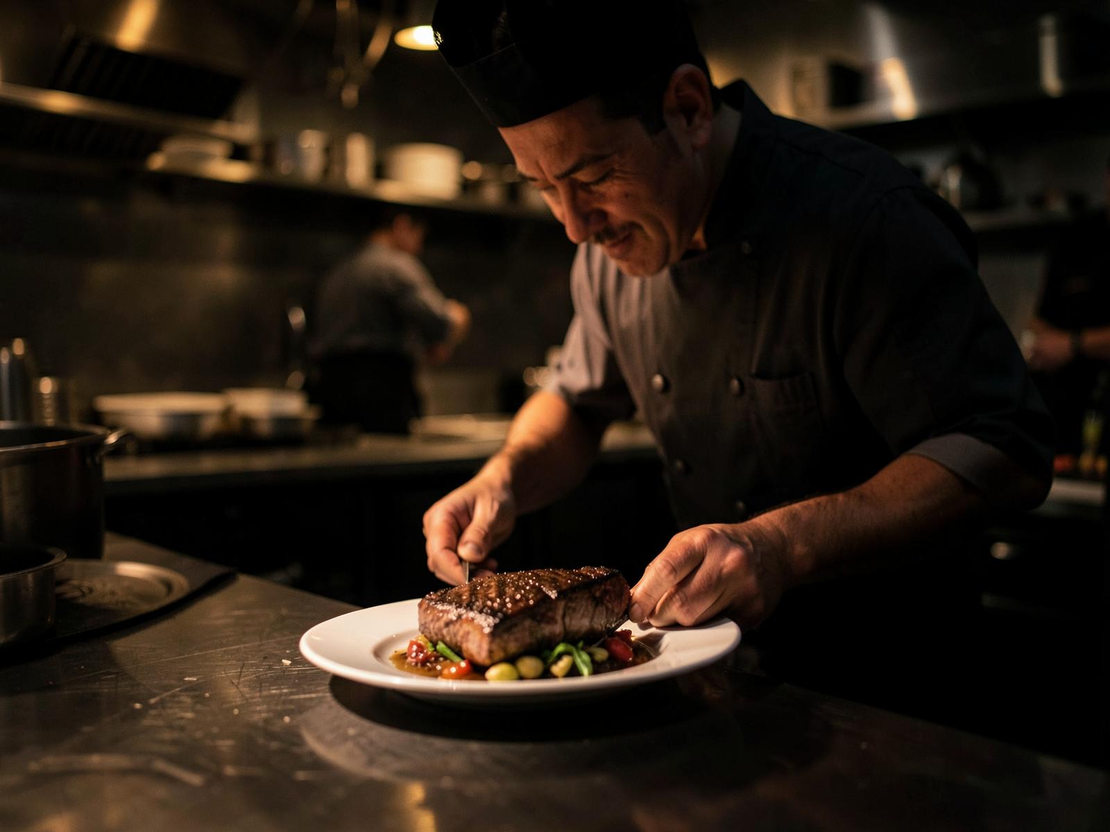 Chef che impiatta una bistecca nella cucina di La Cave